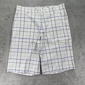Nike Golf Shorts Mens 36 White Gray Windowpane Print Stretch Swoosh Flat Front